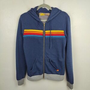 Aviator Nation Hoodie Size Small Sweatshirt Full Zip Navy Blue Rainbow Stripe